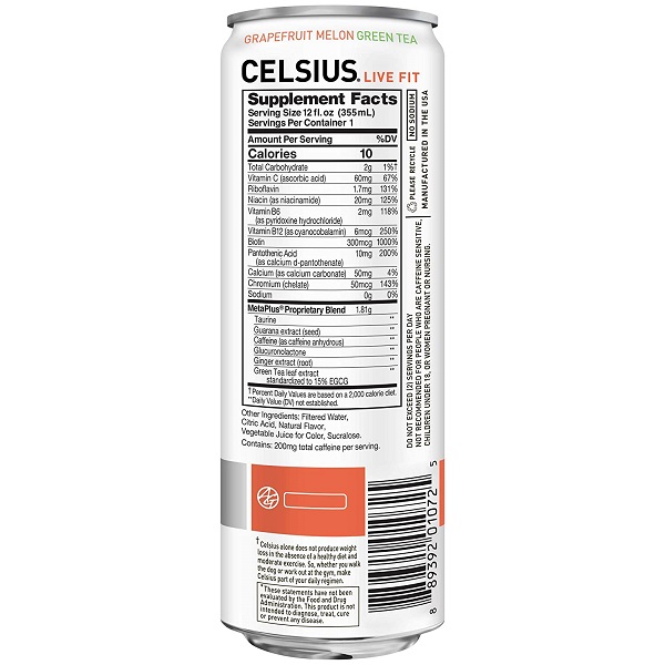 CELSIUS Grapefruit Melon, Green Tea, Non-Carbonated Fitness Drink