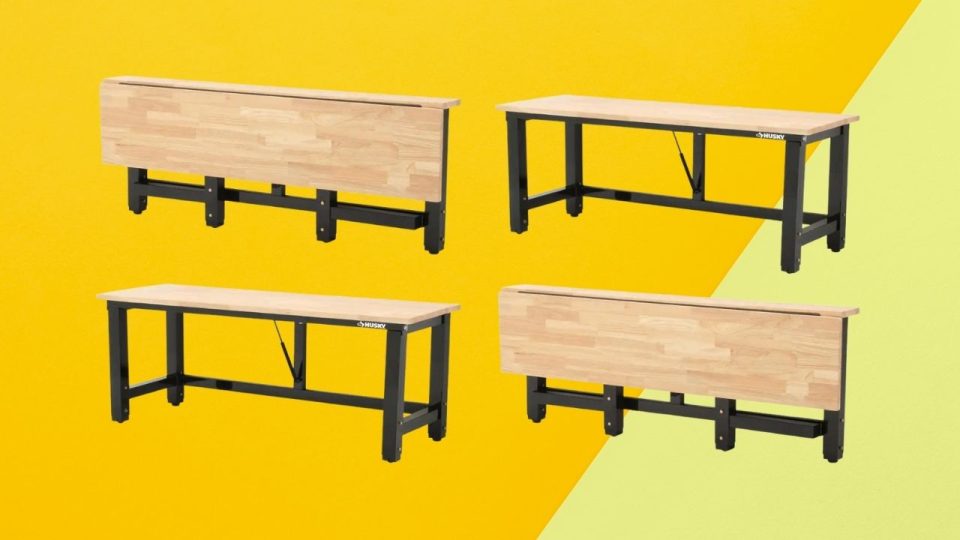 Husky Folding Wood Top Workbench Saves Space with Adjustable Height Feature