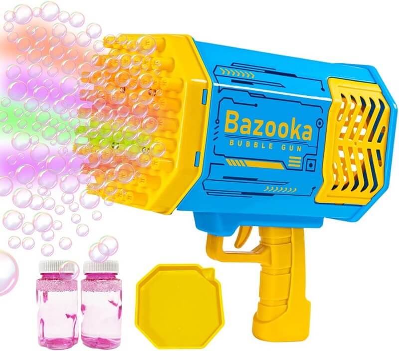 Rocket Bubble Gun Creates a Burst of Tiny Bubbles Mixed with Colorful Lighting