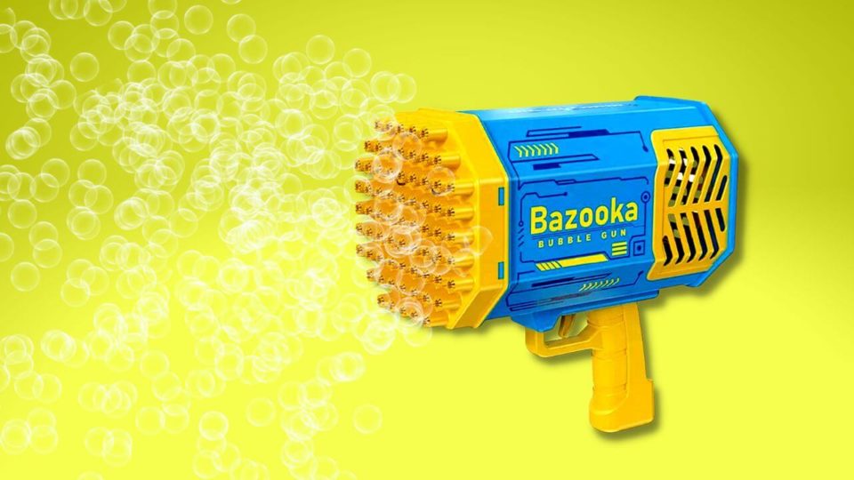 Rocket Bubble Gun Creates a Burst of Tiny Bubbles Mixed with Colorful Lighting