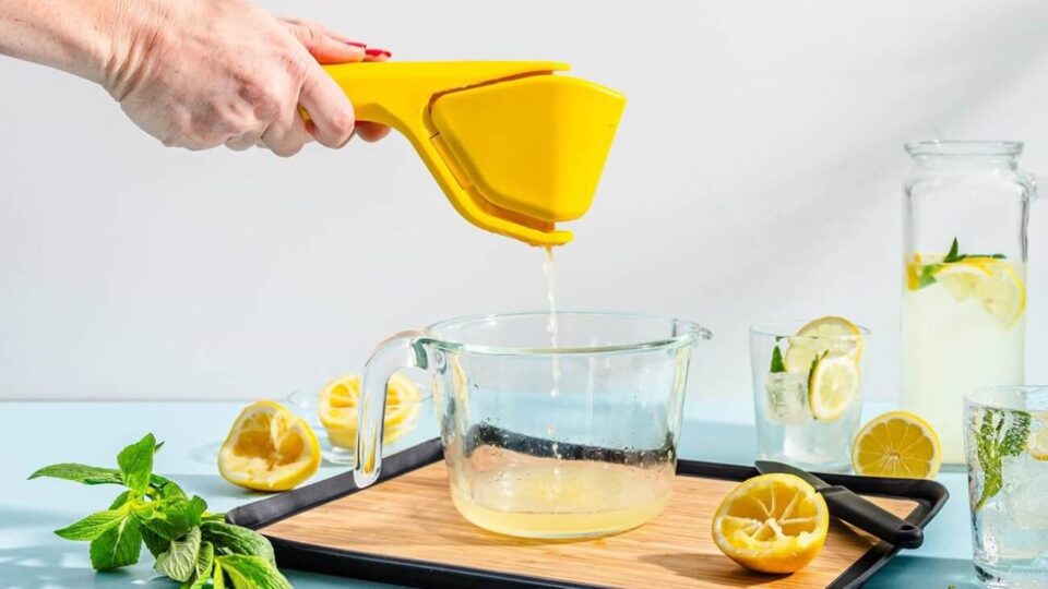Dreamfarm Fluicer Manually Squeezes Citrus Fruits and Folds Away for Compact Storage